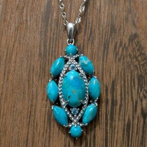 Genuine Turquoise and Sterling Silver Pendant Necklace W/Blue Topaz Accents